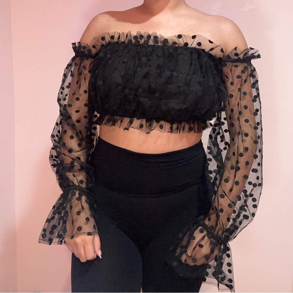 MAJORELLE Black Sheer Polka Dot Crop Top